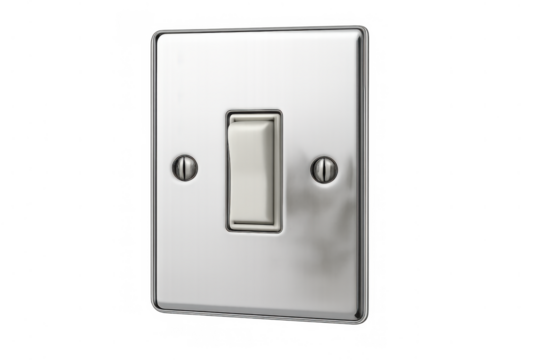 Light switch with brushed metal plate and white toggle button controlling power, electricity, and energy flow on transparent background