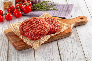 Raw uncoocked red beef round cutlet