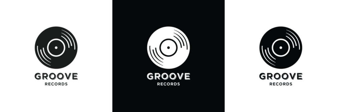 Three monochrome Groove Records logos with sleek, modern design variations, ideal for branding and music industry use.