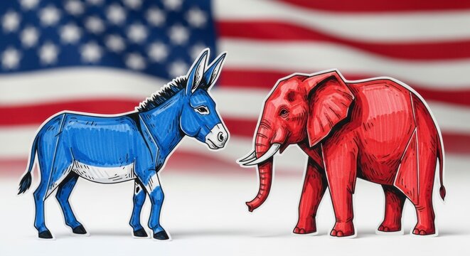 Political Landscape: An artistic representation capturing the symbolic essence of American political landscape, featuring a donkey and an elephant, with an American flag subtly in the background. 