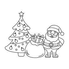 Santa Claus with Christmas Tree and Gift Bag Line Art