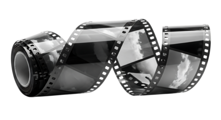 Rolled 35mm film strip, with images of clouds and sky reflected on its surface, cutout, PNG isolated on white or transparent background
