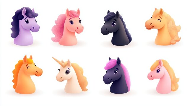 Colorful collection of cartoon unicorn and horse heads in various styles, showcasing playful expressions and vibrant manes, perfect for children's design projects and whimsical themes