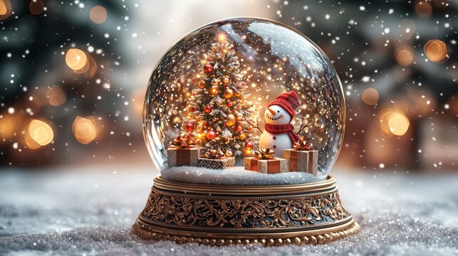 Snow globe featuring a cheerful snowman beside a beautifully decorated Christmas tree and colorful presents, creating a magical winter holiday atmosphere with sparkling snowflakes