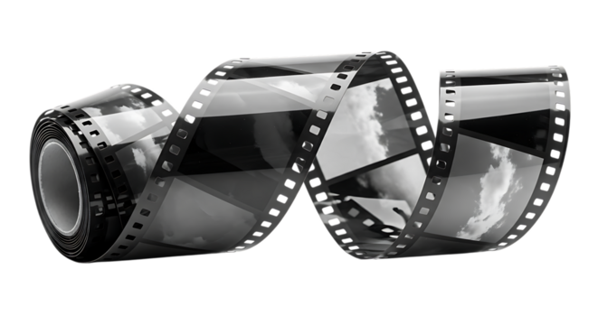 Rolled 35mm film strip, with images of clouds and sky reflected on its surface, cutout, PNG isolated on white or transparent background