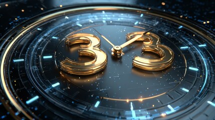 Modern digital clock face with glowing 33 numerals and futuristic blue light accents, symbolizing time and technology in a dynamic abstract background.