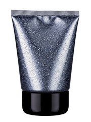 Black glitter cosmetic tube isolated on white, ideal for luxury skincare, makeup, hand cream, or beauty product packaging mockups and advertising