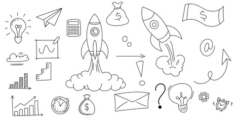 Vintage hand-drawn isolated business icons set on white background. Collection of graphical doodle startup icons on white page. EPS 10. 