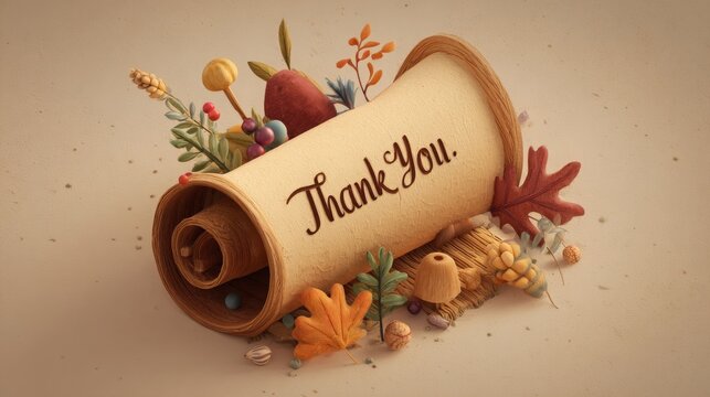 Express heartfelt gratitude with this charming scroll adorned with autumnal elements and a warm 'Thank You' message, perfect for conveying appreciation.