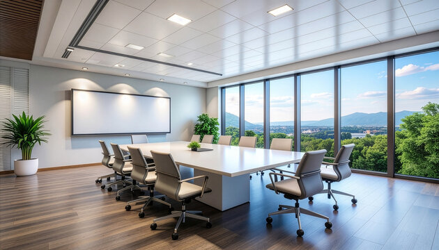 Modern corporate meeting room with large table, whiteboard, chairs, projector and scenic window view