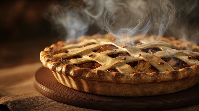 Savor the irresistible aroma of a freshly baked, steaming apple pie with a golden lattice crust, perfect for cozy moments and delicious celebrations.