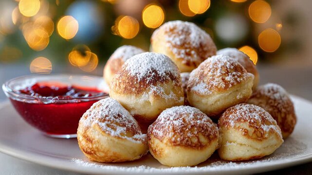 Woman's hand dipping a Danish Aebleskiver pancake with powdered sugar in the jam