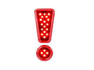 Red exclamation mark with glowing lights, isolated on transparent background, symbolizing alert, warning, or attention in dramatic and eye catching style
