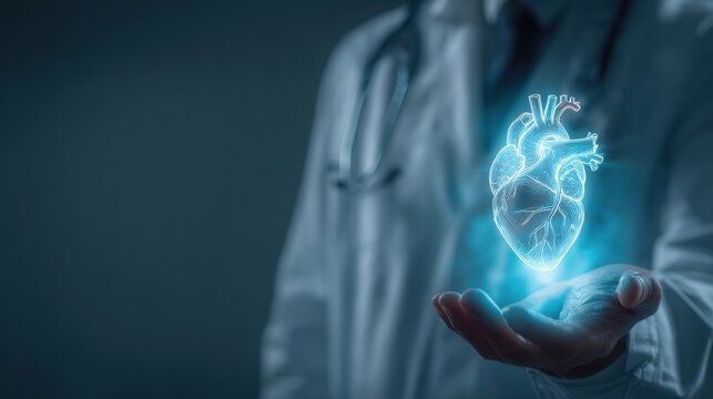 Doctor Holds Digital Heart Hologram Representing Modern Medical Technology in a Soft Blue Light Setting - Powered by Adobe