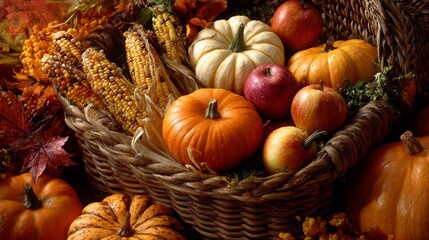 Abundant harvest basket overflows with vibrant pumpkins apples and corn creating a warm inviting autumn celebration scene