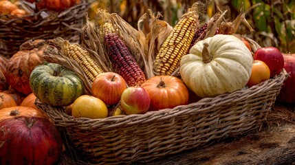 Abundant harvest basket overflows with vibrant pumpkins, ripe apples, and golden corn, celebrating autumn's bounty and festive spirit.