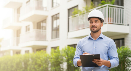 Real Estate Appraiser Standing Outdoors near New White-Brick Apartment Complex with Bokeh Effect for text; property valuation brochure, architecture firm website banner, property management marketing