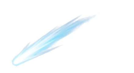 Bright blue streaking light effect, with glowing core and speckled trail, cutout, PNG isolated on white or transparent background
