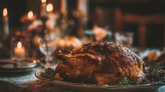 Warm, inviting roasted turkey centerpiece with glowing candles creates a cozy holiday feast atmosphere for family gatherings