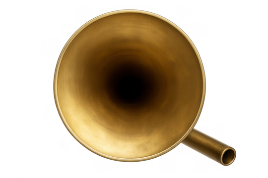 Vintage brass instrument bell megaphone, antique sound device, classic music equipment creating loud sound