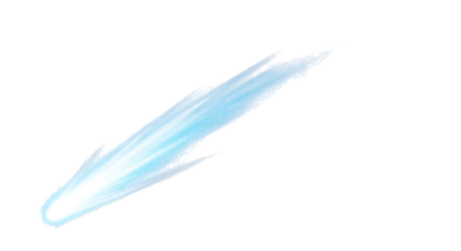 Bright blue streaking light effect, with glowing core and speckled trail, cutout, PNG isolated on white or transparent background