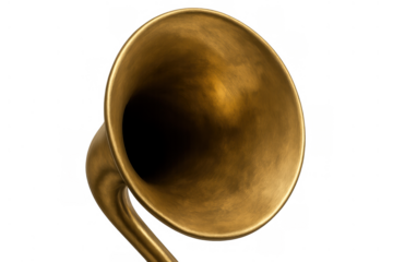 Golden brass gramophone horn capturing the essence of old-fashioned music and vintage sound on a transparent background