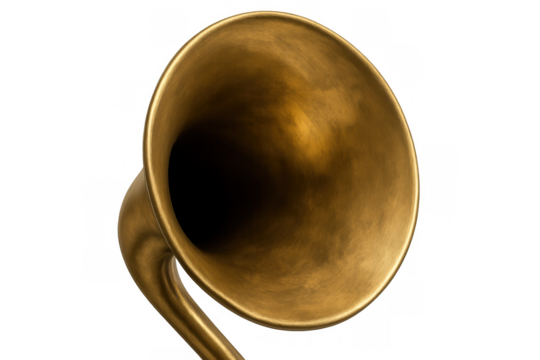 Golden brass gramophone horn capturing the essence of old-fashioned music and vintage sound on a transparent background