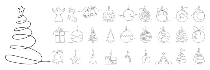 Fototapeta premium Minimalist one line Christmas icons and decorations set