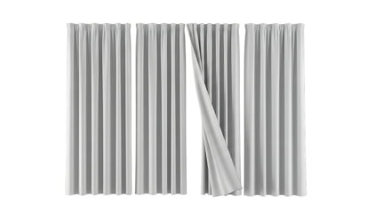 Four white sheer curtains, with one panel partially open revealing a gap, cutout, PNG isolated on white or transparent background