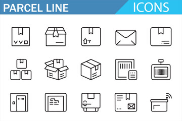 Line art parcel and box icons for postal and cargo distribution