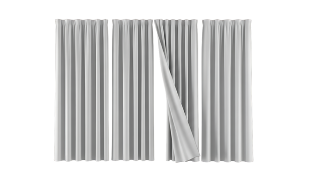 Four white sheer curtains, with one panel partially open revealing a gap, cutout, PNG isolated on white or transparent background
