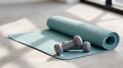 Rolled blue yoga mat with two gray dumbbells placed on a light floor in a sunlit room for home fitness and exercise
