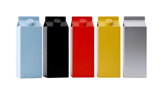 Four colorful rectangular cartons for milk or juice with a white top and spout isolated on transparent background