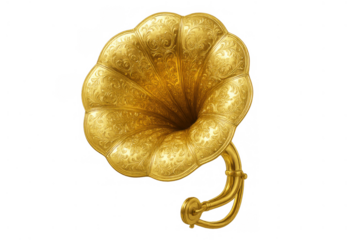 Vintage golden gramophone horn creating antique music sounds, retro audio technology and entertainment, transparent background