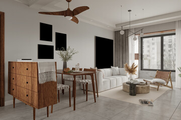 3d render luxuty home interior living room dining space