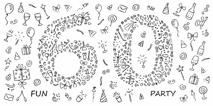 Hand drawn doodle art illustration of the number sixty made of party elements and celebrations - Powered by Adobe