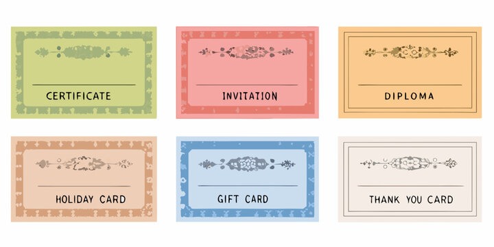 Collection of six decorative cards including certificate invitation diploma holiday gift and thank you cards