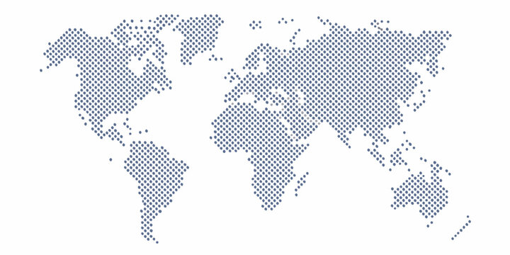 Stylized world map composed of numerous small blue dots against a clean white background