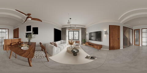 3d render luxuty home interior living room dining space, 360 degree view