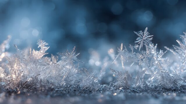 Winter's Embrace: Sparkling Macro Frost and Ice Crystals Against a Soft Blue Backdrop