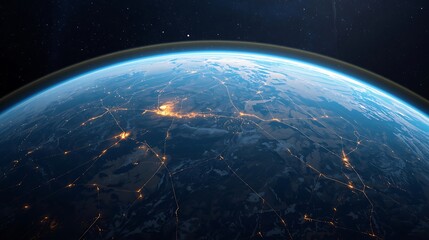 Earth from space view with city lights and atmosphere stock photo and background image