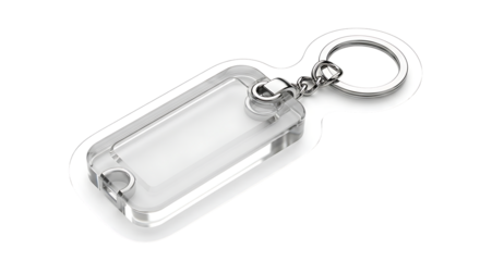 Clear rectangular plastic keychain holder, with silver metal ring and chain, cutout, PNG isolated on white or transparent background
