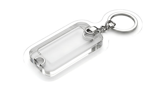 Clear rectangular plastic keychain holder, with silver metal ring and chain, cutout, PNG isolated on white or transparent background