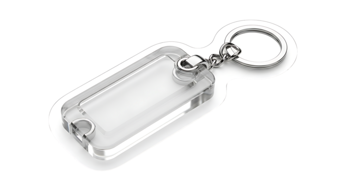 Clear rectangular plastic keychain holder, with silver metal ring and chain, cutout, PNG isolated on white or transparent background
