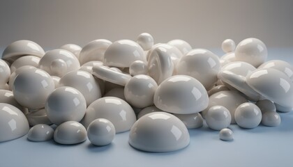 Abstract Arrangement of Smooth White Rounded Shapes and Drops on a Light Background