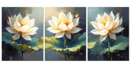 A captivating triptych canvas art print showcasing serene white lotus flowers in full bloom, creating a calming and elegant focal point for any living space