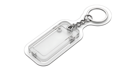 Clear rectangular acrylic keychain holder, with silver metal chain and ring, cutout, PNG isolated on white or transparent background