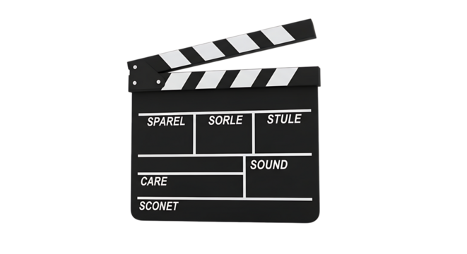 Black movie clapperboard, with white stripes and text fields, cutout, PNG isolated on white or transparent background