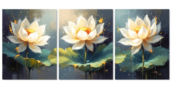 A captivating triptych canvas art print showcasing serene white lotus flowers in full bloom, creating a calming and elegant focal point for any living space