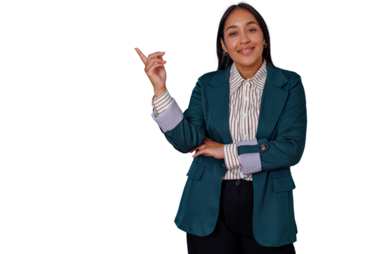 Professional woman pointing left, gesturing for attention, indicating empty space with a happy smile